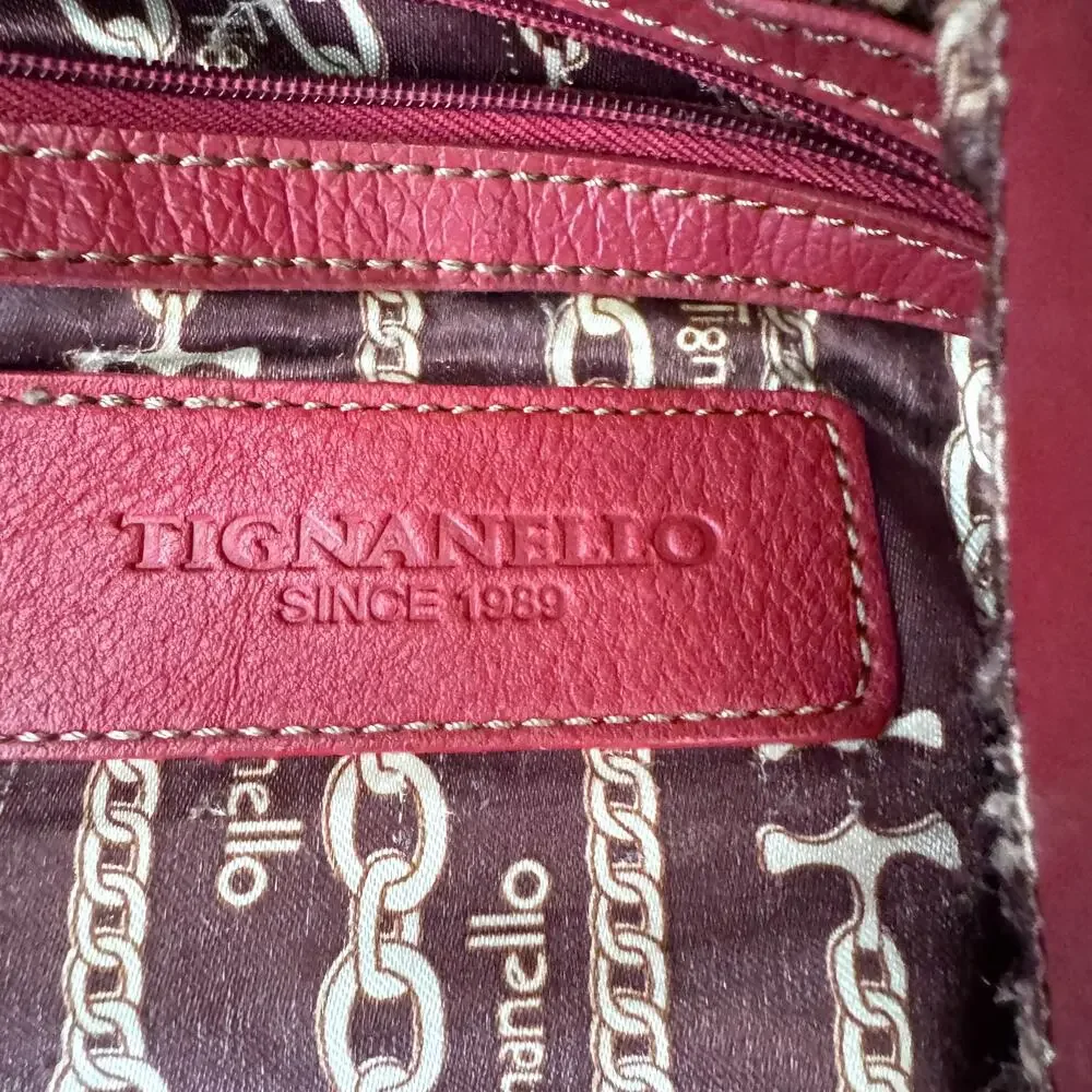 Tignanello Womens Satchel Handbag Slouchy Hobo Pebbled Leather Chain Red